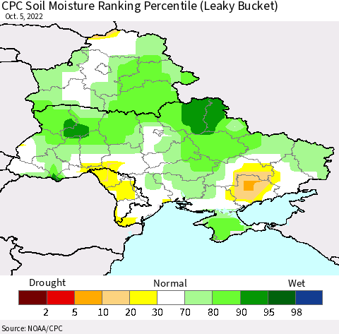 Ukraine, Moldova and Belarus CPC Calculated Soil Moisture Ranking Percentile Thematic Map For 10/1/2022 - 10/5/2022
