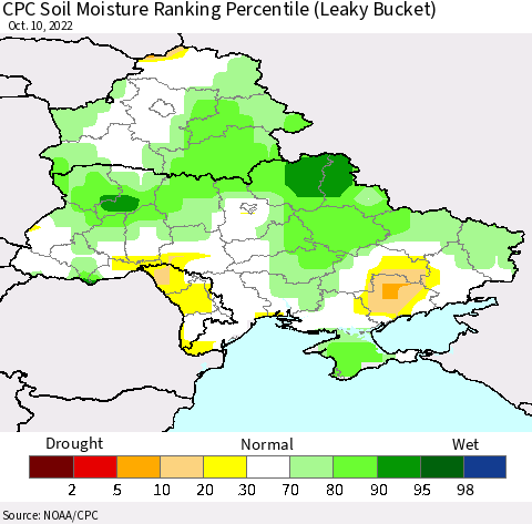 Ukraine, Moldova and Belarus CPC Soil Moisture Ranking Percentile Thematic Map For 10/6/2022 - 10/10/2022