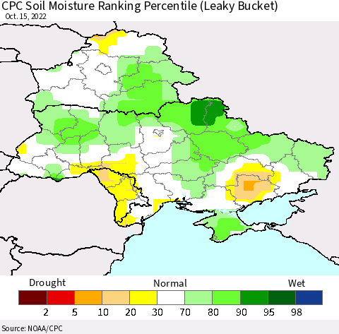 Ukraine, Moldova and Belarus CPC Soil Moisture Ranking Percentile Thematic Map For 10/11/2022 - 10/15/2022