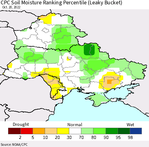 Ukraine, Moldova and Belarus CPC Calculated Soil Moisture Ranking Percentile Thematic Map For 10/16/2022 - 10/20/2022