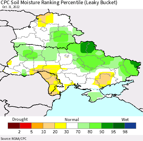 Ukraine, Moldova and Belarus CPC Soil Moisture Ranking Percentile (Leaky Bucket) Thematic Map For 10/26/2022 - 10/31/2022