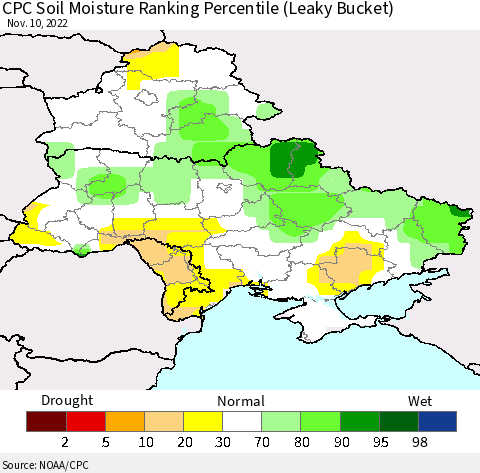Ukraine, Moldova and Belarus CPC Soil Moisture Ranking Percentile Thematic Map For 11/6/2022 - 11/10/2022
