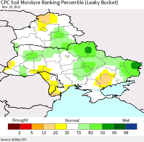 Ukraine, Moldova and Belarus CPC Calculated Soil Moisture Ranking Percentile Thematic Map For 11/16/2022 - 11/20/2022