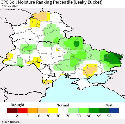 Ukraine, Moldova and Belarus CPC Calculated Soil Moisture Ranking Percentile Thematic Map For 11/21/2022 - 11/25/2022