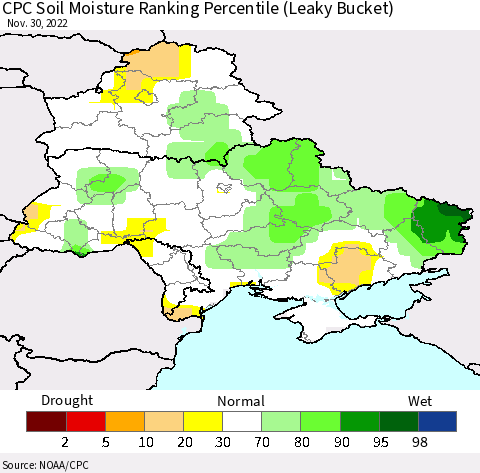 Ukraine, Moldova and Belarus CPC Calculated Soil Moisture Ranking Percentile Thematic Map For 11/26/2022 - 11/30/2022