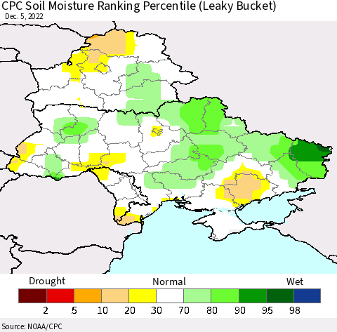 Ukraine, Moldova and Belarus CPC Soil Moisture Ranking Percentile (Leaky Bucket) Thematic Map For 12/1/2022 - 12/5/2022