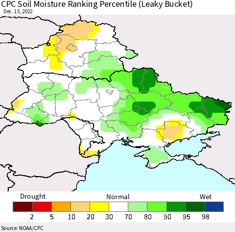 Ukraine, Moldova and Belarus CPC Soil Moisture Ranking Percentile (Leaky Bucket) Thematic Map For 12/11/2022 - 12/15/2022