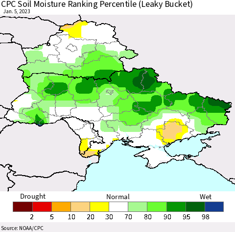 Ukraine, Moldova and Belarus CPC Soil Moisture Ranking Percentile Thematic Map For 1/1/2023 - 1/5/2023