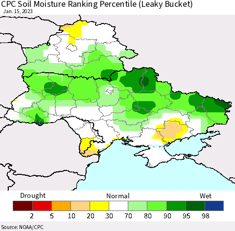 Ukraine, Moldova and Belarus CPC Soil Moisture Ranking Percentile Thematic Map For 1/11/2023 - 1/15/2023