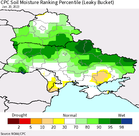 Ukraine, Moldova and Belarus CPC Soil Moisture Ranking Percentile (Leaky Bucket) Thematic Map For 1/16/2023 - 1/20/2023
