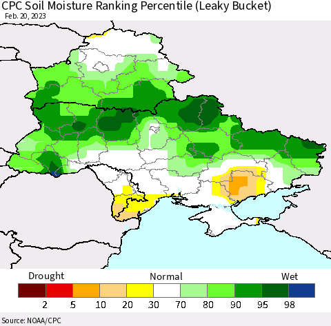 Ukraine, Moldova and Belarus CPC Soil Moisture Ranking Percentile Thematic Map For 2/16/2023 - 2/20/2023