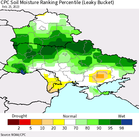 Ukraine, Moldova and Belarus CPC Soil Moisture Ranking Percentile Thematic Map For 2/21/2023 - 2/25/2023