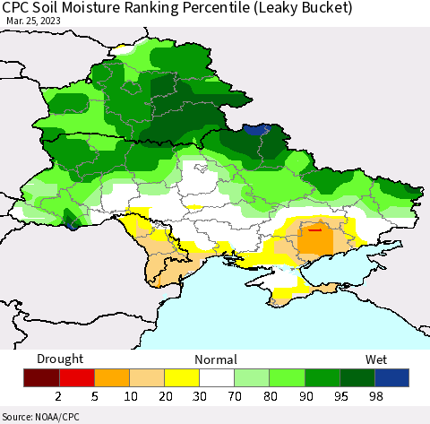 Ukraine, Moldova and Belarus CPC Soil Moisture Ranking Percentile Thematic Map For 3/21/2023 - 3/25/2023