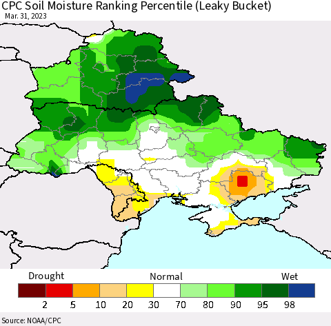 Ukraine, Moldova and Belarus CPC Soil Moisture Ranking Percentile Thematic Map For 3/26/2023 - 3/31/2023
