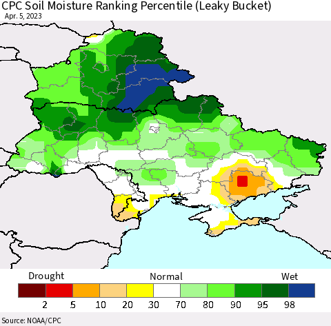 Ukraine, Moldova and Belarus CPC Soil Moisture Ranking Percentile Thematic Map For 4/1/2023 - 4/5/2023