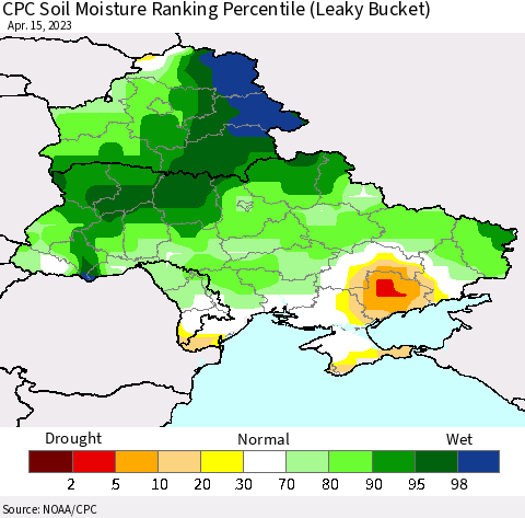 Ukraine, Moldova and Belarus CPC Soil Moisture Ranking Percentile Thematic Map For 4/11/2023 - 4/15/2023