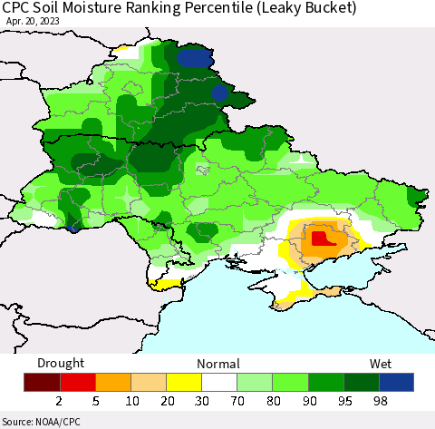 Ukraine, Moldova and Belarus CPC Soil Moisture Ranking Percentile (Leaky Bucket) Thematic Map For 4/16/2023 - 4/20/2023
