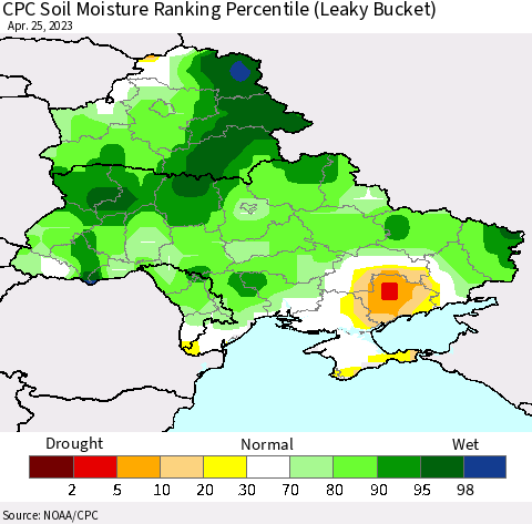 Ukraine, Moldova and Belarus CPC Soil Moisture Ranking Percentile Thematic Map For 4/21/2023 - 4/25/2023