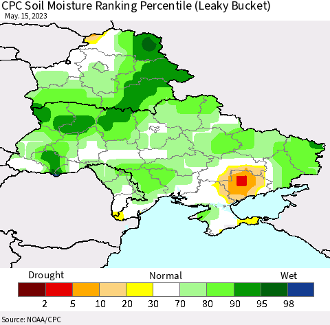 Ukraine, Moldova and Belarus CPC Soil Moisture Ranking Percentile Thematic Map For 5/11/2023 - 5/15/2023