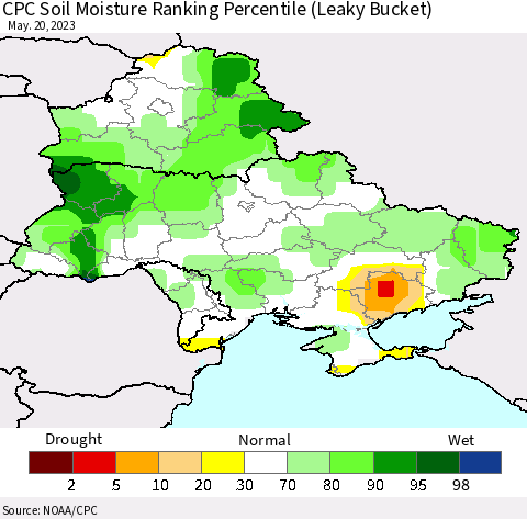 Ukraine, Moldova and Belarus CPC Soil Moisture Ranking Percentile Thematic Map For 5/16/2023 - 5/20/2023