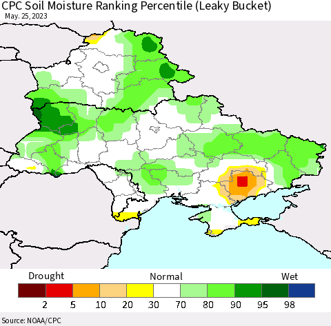 Ukraine, Moldova and Belarus CPC Soil Moisture Ranking Percentile (Leaky Bucket) Thematic Map For 5/21/2023 - 5/25/2023