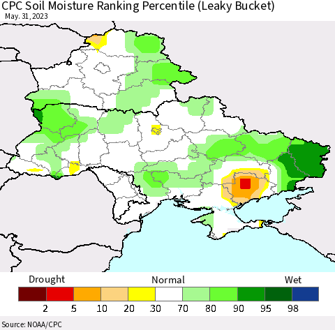 Ukraine, Moldova and Belarus CPC Soil Moisture Ranking Percentile (Leaky Bucket) Thematic Map For 5/26/2023 - 5/31/2023