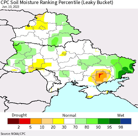Ukraine, Moldova and Belarus CPC Soil Moisture Ranking Percentile Thematic Map For 6/6/2023 - 6/10/2023