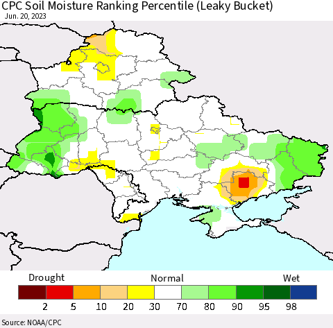 Ukraine, Moldova and Belarus CPC Soil Moisture Ranking Percentile Thematic Map For 6/16/2023 - 6/20/2023