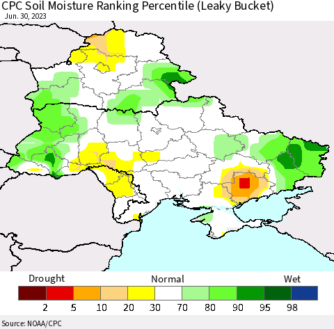 Ukraine, Moldova and Belarus CPC Soil Moisture Ranking Percentile (Leaky Bucket) Thematic Map For 6/26/2023 - 6/30/2023