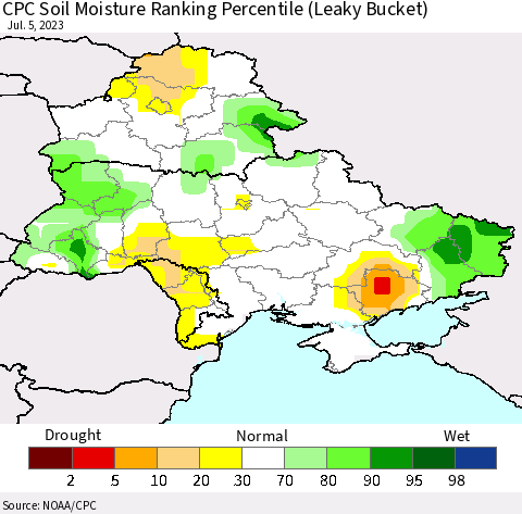 Ukraine, Moldova and Belarus CPC Soil Moisture Ranking Percentile Thematic Map For 7/1/2023 - 7/5/2023