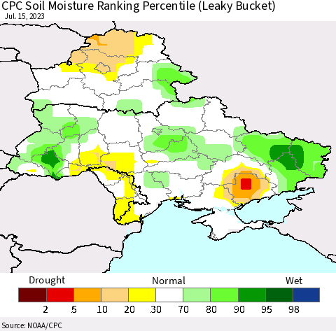 Ukraine, Moldova and Belarus CPC Soil Moisture Ranking Percentile Thematic Map For 7/11/2023 - 7/15/2023