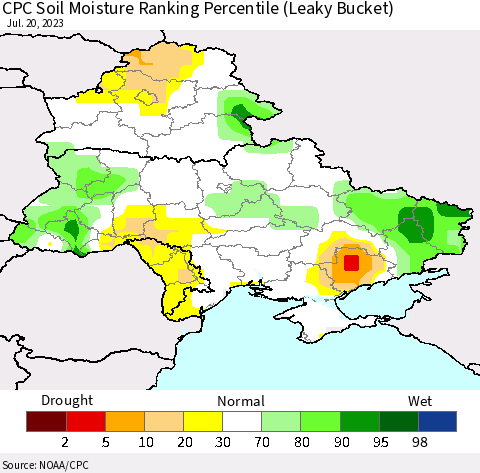 Ukraine, Moldova and Belarus CPC Soil Moisture Ranking Percentile Thematic Map For 7/16/2023 - 7/20/2023