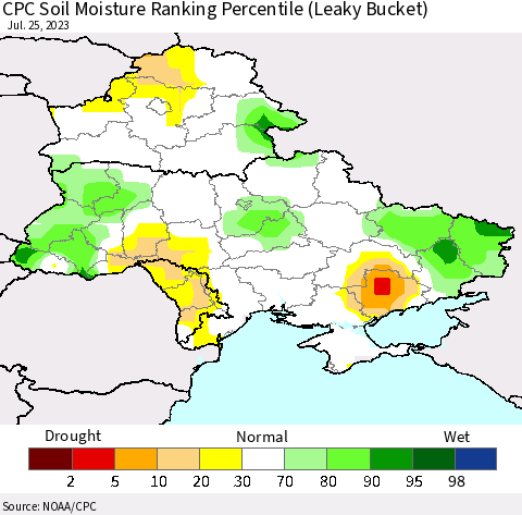 Ukraine, Moldova and Belarus CPC Soil Moisture Ranking Percentile (Leaky Bucket) Thematic Map For 7/21/2023 - 7/25/2023
