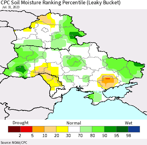 Ukraine, Moldova and Belarus CPC Soil Moisture Ranking Percentile (Leaky Bucket) Thematic Map For 7/26/2023 - 7/31/2023