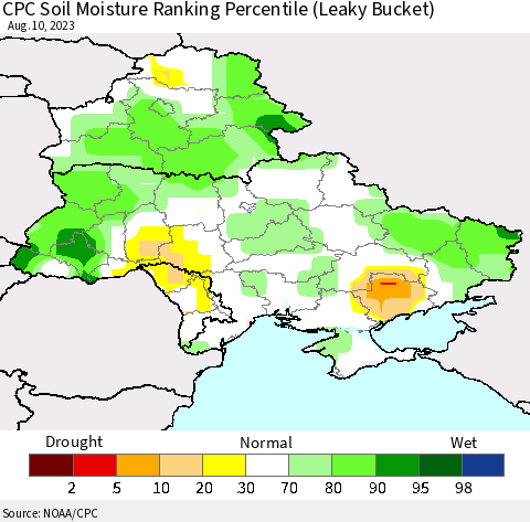 Ukraine, Moldova and Belarus CPC Soil Moisture Ranking Percentile (Leaky Bucket) Thematic Map For 8/6/2023 - 8/10/2023