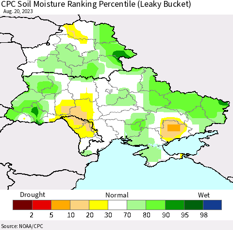 Ukraine, Moldova and Belarus CPC Soil Moisture Ranking Percentile Thematic Map For 8/16/2023 - 8/20/2023
