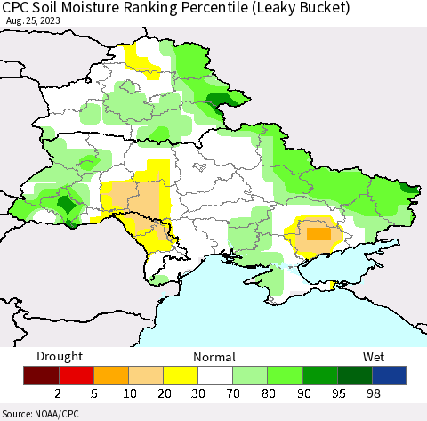 Ukraine, Moldova and Belarus CPC Soil Moisture Ranking Percentile Thematic Map For 8/21/2023 - 8/25/2023
