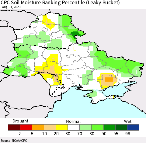 Ukraine, Moldova and Belarus CPC Soil Moisture Ranking Percentile Thematic Map For 8/26/2023 - 8/31/2023
