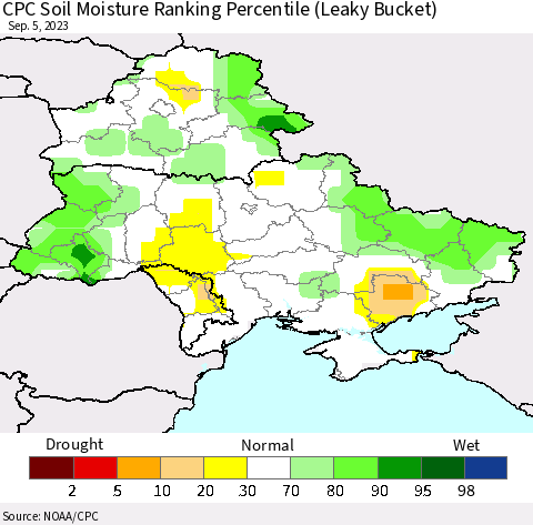 Ukraine, Moldova and Belarus CPC Soil Moisture Ranking Percentile (Leaky Bucket) Thematic Map For 9/1/2023 - 9/5/2023