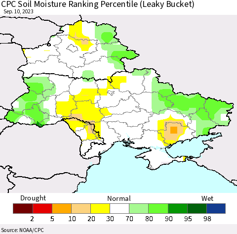 Ukraine, Moldova and Belarus CPC Soil Moisture Ranking Percentile (Leaky Bucket) Thematic Map For 9/6/2023 - 9/10/2023
