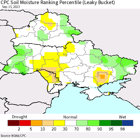 Ukraine, Moldova and Belarus CPC Soil Moisture Ranking Percentile (Leaky Bucket) Thematic Map For 9/11/2023 - 9/15/2023