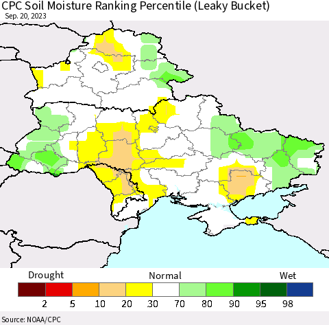 Ukraine, Moldova and Belarus CPC Soil Moisture Ranking Percentile (Leaky Bucket) Thematic Map For 9/16/2023 - 9/20/2023