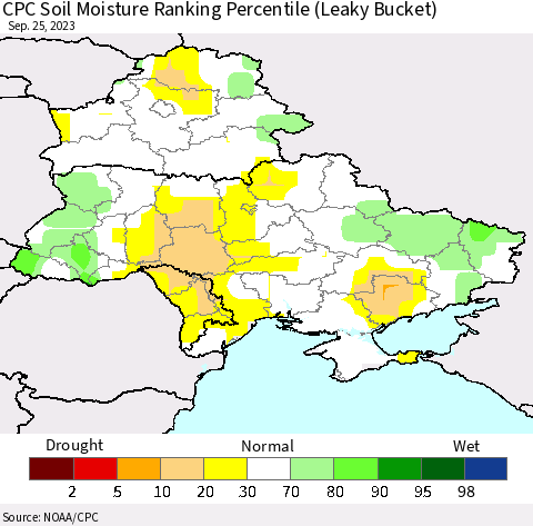 Ukraine, Moldova and Belarus CPC Soil Moisture Ranking Percentile (Leaky Bucket) Thematic Map For 9/21/2023 - 9/25/2023
