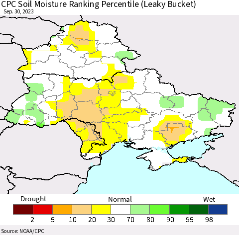 Ukraine, Moldova and Belarus CPC Soil Moisture Ranking Percentile (Leaky Bucket) Thematic Map For 9/26/2023 - 9/30/2023