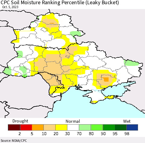 Ukraine, Moldova and Belarus CPC Soil Moisture Ranking Percentile (Leaky Bucket) Thematic Map For 10/1/2023 - 10/5/2023