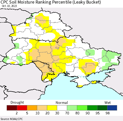 Ukraine, Moldova and Belarus CPC Soil Moisture Ranking Percentile (Leaky Bucket) Thematic Map For 10/6/2023 - 10/10/2023