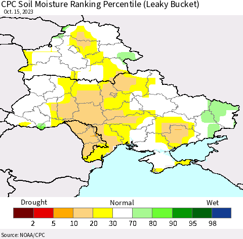 Ukraine, Moldova and Belarus CPC Soil Moisture Ranking Percentile (Leaky Bucket) Thematic Map For 10/11/2023 - 10/15/2023