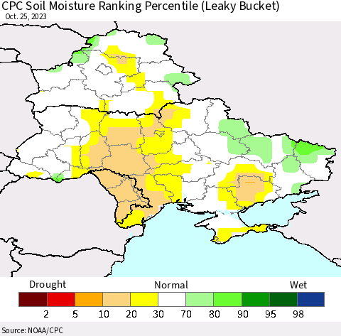 Ukraine, Moldova and Belarus CPC Soil Moisture Ranking Percentile (Leaky Bucket) Thematic Map For 10/21/2023 - 10/25/2023
