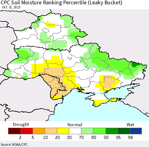 Ukraine, Moldova and Belarus CPC Soil Moisture Ranking Percentile (Leaky Bucket) Thematic Map For 10/26/2023 - 10/31/2023