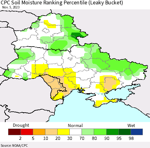 Ukraine, Moldova and Belarus CPC Soil Moisture Ranking Percentile (Leaky Bucket) Thematic Map For 11/1/2023 - 11/5/2023